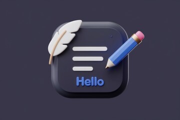 Poster - 3D illustration of a notetaking app icon with a pencil, feather, and a Hello text.
