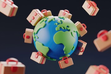 Poster - Briefcases surrounding a globe, symbolizing global business and connectivity.