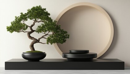 Poster - Rendered Product Presentation With Japanese Abstract Podium And Bonsai Tree In Black, Ideal For Cosmetic Displays. Aesthetically Pleasing Display.