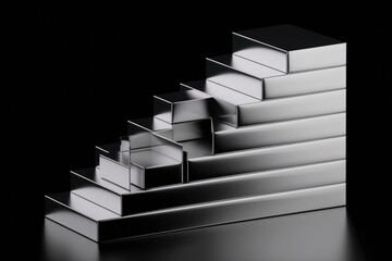 Poster - A staircase made of reflective silver bars, each step smaller than the last, against a transparent background.