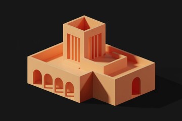 Poster - A minimalist, 3D rendering of a modern,  sandcolored building with an arched entrance and a rooftop terrace.