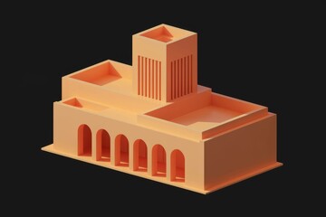 Poster - A minimalist 3D rendering of a building with an arched facade, emphasizing its architectural details.