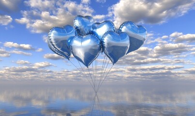 Canvas Print - A design for a birthday or anniversary party banner, highlighting blue and silver balloons against a sky backdrop