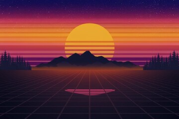 Poster - A retrofuturistic landscape with a large sun, mountains, and a grid pattern.