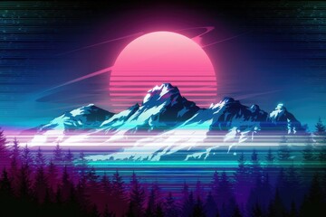 Poster - A stylized depiction of a mountain range with a glowing pink sunset and neon lighting effects.
