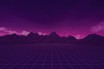 Poster - A retrofuturistic landscape with purple mountains and a grid pattern.