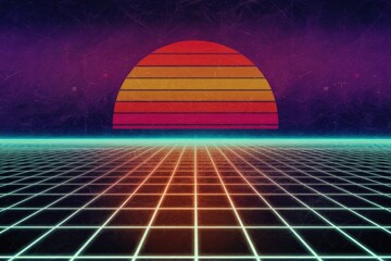 Poster - A retrostyle sunset over a glowing grid, reminiscent of the 1980s.