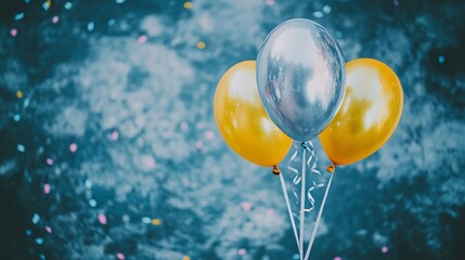 Canvas Print - Gold and silver balloons with confetti set against a black backdrop