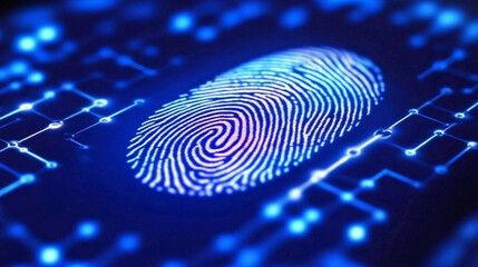 Poster - Close-up view of a digital fingerprint with a vibrant blue background showcasing modern authentication technology and security features in a tech environment. Generative AI
