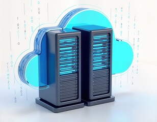 Poster - Modern data servers connected to cloud tech. Data storage, security system. Digital infrastructure represented. Public cloud center. Modern servers linked to cloud tech. Secure data storage. High