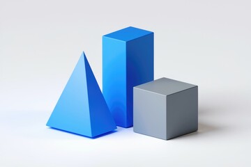 Poster - Three geometric shapes, a blue pyramid, a blue rectangular prism, and a gray cube, on a white background.