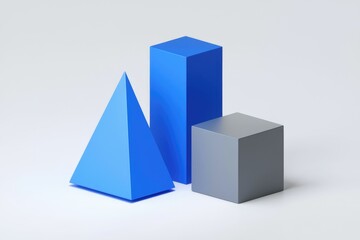 Poster - A blue pyramid and a blue rectangular prism next to a gray cube.