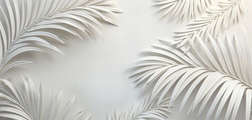 Poster - White embossed palm leaves create textured wall design. Tropical aesthetic pattern on white background. Minimalist decor. Elegant, simple wallpaper painting style. Modern home interior design.