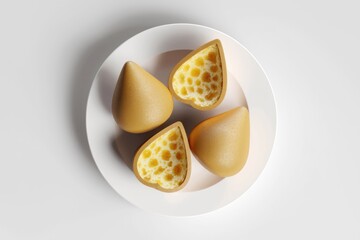 Poster - Four brown, coneshaped objects, two halved, revealing a honeycomb pattern inside, on a white plate.