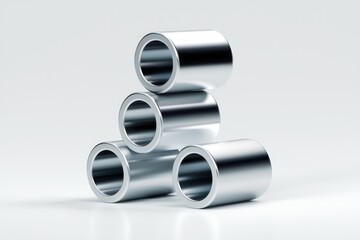 Poster - Four shiny metal tubes stacked in a pyramid shape on a white background
