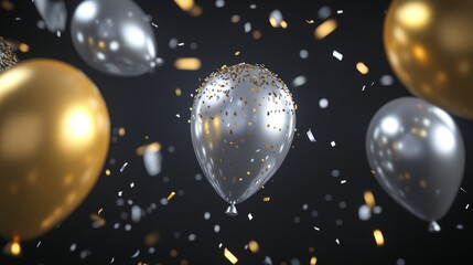 Canvas Print - Chic gold and silver balloons sprinkled with confetti on a dark setting