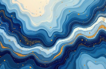 Poster - Abstract artistic design with blue, gold swirling patterns. Fluid lines create wave-like effect. Gold specks add texture, luxury. Modern, decorative, good for wall art wallpaper. Suitable for