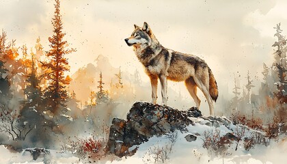  Watercolor a stately grey wolf standing atop a rocky outcrop, surveying the winter landscape