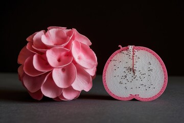 Poster - A pink, fabriccovered sphere and a halved sphere with a white interior and black seeds.