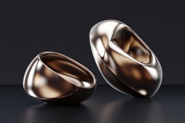 Poster - Two metallic, abstract, organicshaped rings on a black surface.