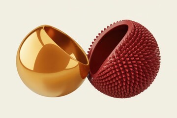 Poster - two 3d objects, one smooth and golden, the other spiky and red.