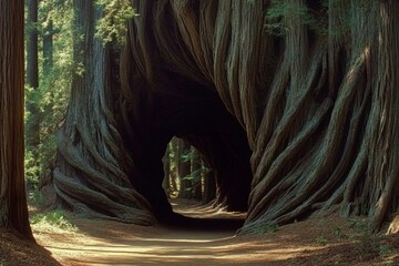 Wall Mural - Coast Redwood: Old-Growth Redwood Trees in Beautiful Grove at Henry Cowell State Park, California, USA