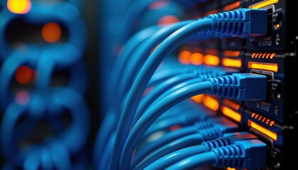 Poster - Close-up view of network cables connected to server rack. Blue cables plugged into orange lit ports. Tech infrastructure. Modern data center equipment. Digital connection. Network system. Future