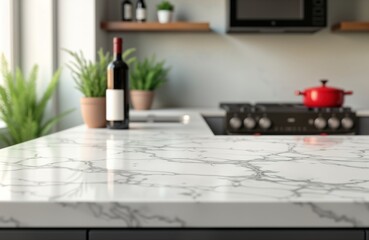 Aufkleber - Close-up of modern kitchen counter island. White marble countertop. Blurred background shows bright, clean kitchen space with window, plants, wine bottle, red cooking pot. Modern kitchen design with
