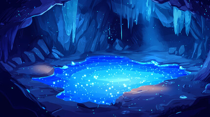 Wall Mural - Glowing bioluminescent cavern pool with ethereal blue light. Sparkling Cavern. Illustration