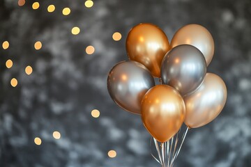 Wall Mural - A festive array of golden and silver-gray metallic glitter balloons with bows and confetti set against a sparkling background. Great for birthday, holiday, or party themes. image-created greeting