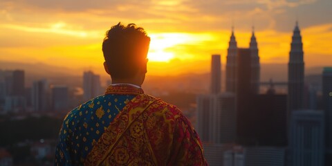 Wall Mural - A man wearing a colorful scarf stands on a rooftop looking out at the city skyline. The sun is setting, casting a warm glow over the buildings