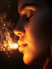 Sticker - A woman is smoking a cigarette and the smoke is glowing. The image has a mood of relaxation and contemplation