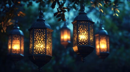 Wall Mural - A group of lanterns hanging from a tree at night. The lanterns are lit and create a warm, cozy atmosphere