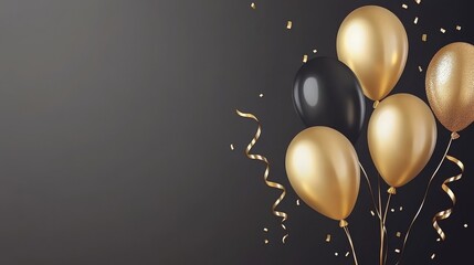 Canvas Print - Black and silver balloons filled with gold confetti against a black backdrop