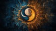 © bersch28 - A detailed depiction of a sun and moon in cosmic embrace, showcasing intricate patterns with contrasting warm and cool color palettes, representing harmony.