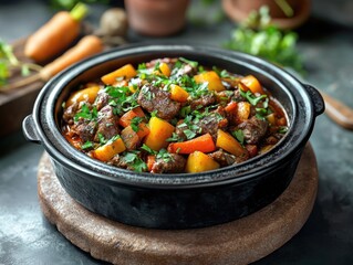 Poster - A black pot filled with meat and vegetables. The vegetables include carrots and parsley. The dish is served on a wooden table