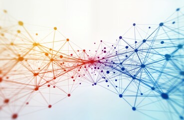 Poster - Abstract network structure of interconnected nodes. Colorful network lines connect points forming dynamic pattern. Complex web shows connections in data flow. Modern tech illustration shows intricate
