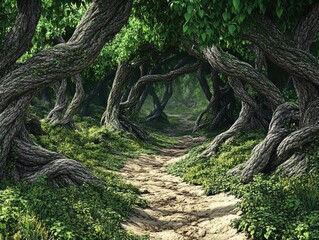 Wall Mural - A forest path with trees on either side. The path is covered in grass and dirt. The trees are tall and have twisted branches