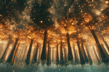 Wall Mural - A magical forest scene with sunbeams filtering through dense trees, creating an ethereal glow.