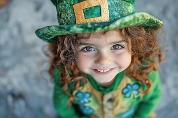 Wall Mural - A young girl wearing a green hat and a green shirt is smiling. She is wearing a green hat with a gold star on it