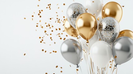 Poster - A birthday illustration featuring a 3D realistic golden and silver air balloon on a white background, adorned with glitter confetti