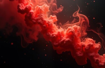 Poster - Abstract red smoke forms flowing waves in dark space. Dynamic energy shapes vibrant red cloud. Colorful fractal texture creates 3D effect. Red ink dissolves in dark liquid. Fantasy design. Red smoke