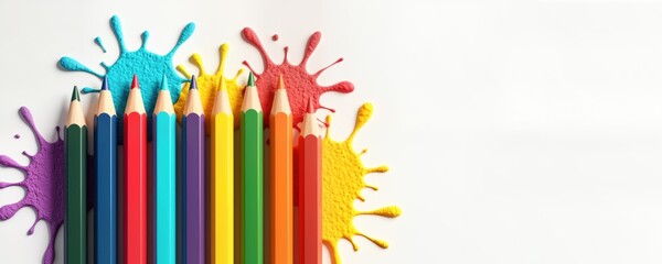 Aufkleber - Colorful pencils arranged in row on white background. Colorful paint splatter around pencils. Education concept. Back to school. Modern design for education, art school supplies. Isometric view.