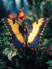 Sticker - A butterfly with blue and yellow wings is sitting on a leaf. The butterfly is surrounded by other butterflies, some of which are orange and red. The scene is peaceful and serene