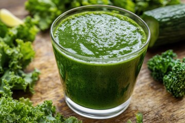 Wall Mural - A glass of green juice is on a wooden table with a bunch of green vegetables including broccoli and cucumber