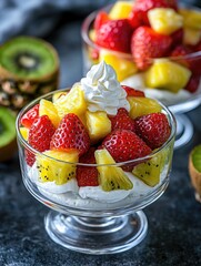 Sticker - Two glasses of fruit salad with strawberries, kiwi, and pineapple. The strawberries are piled on top of the pineapple and kiwi