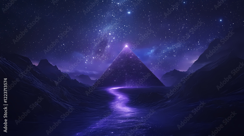 Mystical alien landscape with illuminated pyramid and glowing path in ...