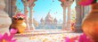 © Rickyloca - Indian Frame with Holi Colors, gold Patterns, Pots and Lotus Flowers in Hindu Temple with Domes. Copy space. Generative AI