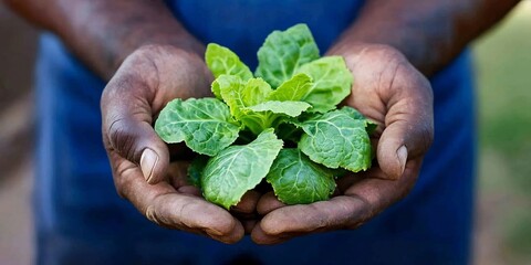 Wall Mural - Farmer's hands holding a seedling, outdoor garden