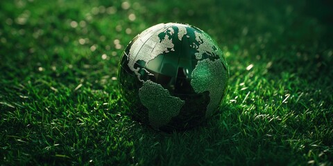 Wall Mural - A small globe is sitting on a green field. The globe is made of metal and has a shiny, reflective surface. The field is lush and green, with no visible signs of damage or wear